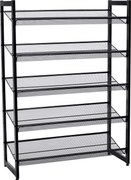 Cipőtartó polc 5 szintes fém háló polcokkal, fekete 74x30x104cm