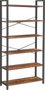 6 szintes könyvespolc, álló polc acélkerettel 30x80x186 cm, rusztikus barna