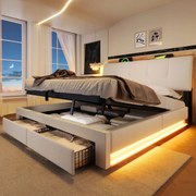 Kárpitozott ágy Franciaágy 140x200 cm Hidraulikus Led Usb C Bézs