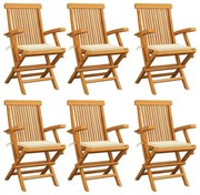 6 db tömör tíkfa kerti szék krémszínű párnákkal