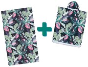 Strandkészlet NIGHT BLOSSOM – Fürdőlepedő 100×180 cm és poncsó 80×145 cm, fekete