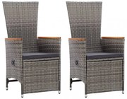 2 db szürke dönthető háttámlás polyrattan kerti szék párnával