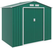 Outsunny Kerti Fészer 2,42m² Erősítő Alap nélküli 213x130x185 cm Kültéri Kerti Fészer 2 Csúszóajtóval és 4 Ablakkal Szerszámok Tárolására Sötétzöld |