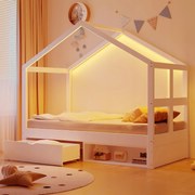 Gyerekágy LED-es faház Fiókos cipősszekrény 90x190cm Fehér