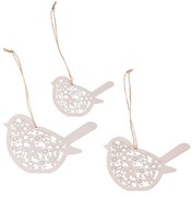 Függeszthető Kismadarak, Fából Készült Tavaszi Dekoráció Virág Mintával, Fehér Színben. 3 db-os Csomagban.