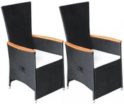 2 db fekete dönthető háttámlás polyrattan kerti szék párnával