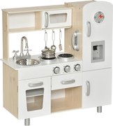 HOMCOM Gyerek Konyha Tartozékokkal, Álomtársasjáték Konyha, Játék Konyha 3 Éves Korú és Annál Idősebb Gyerekeknek, Fenyő, MDF, Fehér, 74 x 30 x 81 cm