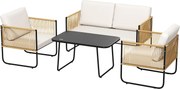 Outsunny 4 Fős Kerti Szett, Balkon Rattan Pihentető 2-Fős Kanapéval, Fotelekkel, Edzett Üveg Kávézóasztallal, Levehető Párnákkal, Krém | Aosom
