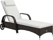 Outsunny Polyrattan Napozóágy 5-fokozatú Állítható Háttámlával, Párnával, Kerekekkel, 160kg Teherbírással, Napozóágy Kerthez, 200x73x30-103cm, Kávébar