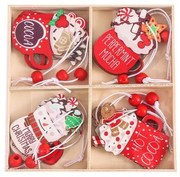 Fából készült karácsonyi dekorációs készlet HOT DRINKS, 12 db