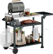 Outsunny Grill Plancha Kocsi Rozsdamentes Acél Tálcával, Többfunkciós, 6 Horoggal, Hajtható Polccal, 3 Réteggel, 2 Kerekével | Aosom