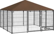 PawHut Kutyajátszóterasz Napernyővel - Kültéri Fém Kutyakerítés Forgatható Etető 2 Tálcával, 211x211x151 cm Fekete | Aosom