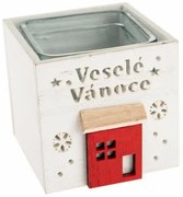 Merry Christmas fa gyertyatartó üveggel, 9 x 8,5 cm, fehér