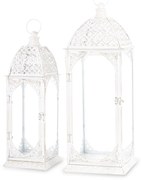 Vintage fehér szögletes 2db-os áttört fém lámpás lantern szett fogantyúval 50x17x17 / 62x22x22cm