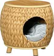 Pawhut Rattan Macska Barlang 2 az 1-ben Tervezés Macska Kosár Párnával Macska Ágy Macska Kabin Kisállat Ágy Vízitöke Fű Paulownia Fa Világosbarna+Szür