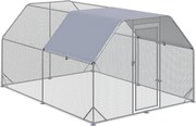 PawHut Keltető Tyúkól Szabad Tér Kert, 280 x 380 x 195 cm Tyúk Mandula Ajtóval, Esővédő Napernyővel, Baromfi Tyúkól 10-12 Tyúknak, Oxford, Ezüst | Aos
