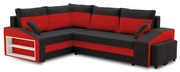 Grande sarokkanapé polcokkal és puffokkal , polc a bal karfaban puffok a jobb karfaban, baloldali, szövet anyag, bonell töltet, fekete - piros