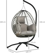Outsunny Hajtható Függő Tojáshinta Párnával és Állvánnyal, Belső és Külső Használatra, Fém, Polipropilén Kötél, Szürke, 110L x 100W x 188H cm | Aosom