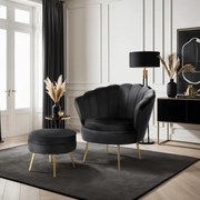 Elegáns Fotel Lábtartóval Fekete Bársony Kárpittal. GRAND