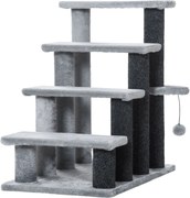 PawHut Macska Lépcső 4-Lépcsős Háziállat Lépcső Kaparóoszlopokkal, Játékfallal, Kutyás Lépcső, Macskák Számára 5 kg-ig, Plüss Juta Szürke 60 x 40 x 64