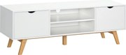 HOMCOM Modern TV Állvány 65 Hüvelykes Televíziókhoz, Nappali TV Asztal 2 Ajtóval, 2 Nyitott Polccal és Fa Lábakkal, 150x39x50 cm, Fehér | Aosom