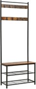 Előszoba fogas polccal, akasztókkal, cipőtartóval és ülőkével, rusztikus barna 70x32x175cm