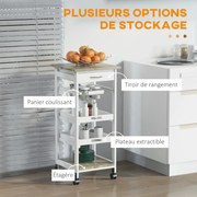HOMCOM Fehér MDF világos tölgy és fenyő fa konyhai kerekes tálca kosárral + 2 levehető tálca, fiók, polc | Aosom