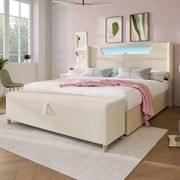 Kárpitozott ágy 140x200cm Franciaágy Led tárolórekesz USB+Lábtartó bézs