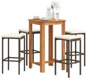 5 részes barna tömör akácfa és polyrattan kerti bárszett