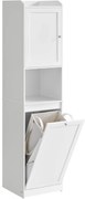 Magas fürdőszobai szekrény szennyeskosárral, tárolóegységgel, felhőfehér
