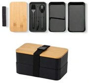 DUO LUNCH étkezési doboz evőeszközzel, fekete/bambusz