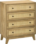 HOMCOM 4-fiókos Keskeny Komód Rattan Előlapokkal és Magas Lábakkal - Hálószobai Komód Nappaliba és Irodába 80x35x95 cm Természetes | Aosom