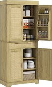 HOMCOM Magas Boho Stílusú Konyhai Buffettek 2 Szekrénnyel és 1 Fiókkal, Konyhai Szekrény Fa és Rattan Fűszertartókkal, 76x40x183cm, Tölgy | Aosom