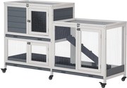 PawHut Fa Nyúlketrec Kerekekkel 147x45,5x88,5 cm 2-Szintes Ketrec Nyulaknak Nyitható Tetővel, 2 Fém Futóval, 3 Kivehető Tálcával, 3 Ajtóval Zárral és