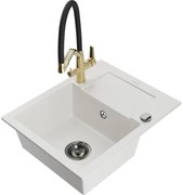 Mexen Enzo egytálcás gránit mosogató csepegtetővel és Duo konyhai csappal, fehér - 6506-20-671701-57-B