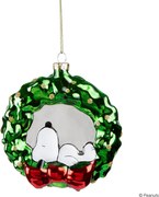 PEANUTS üveg karácsonyfadísz, Snoopy koszorúban, 11 cm