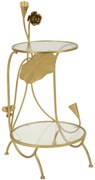 kétpolcos arany színű kisasztal virágdísszel és üveglappal – kortárs