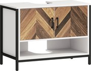 HOMCOM Fürdőszobai Mosdó Szekrény Mosdó Alatti Szekrény Pedállal, 2 Ajtó, Halhálós Minta, Krém és Dió, 80x40x60 cm | Aosom