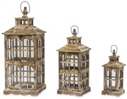 Vintage barna koptatott fa mécsestartó üvegezett lámpás lantern 3db-os szett 80x31 / 59x23 / 42x16cm