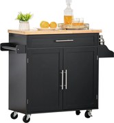 HOMCOM Konyhai Szekrény Kerekekkel, Ajtós Facsúszóval, Magasságban Állítható Belső Polccal és Fűszertartóval, Mobil Oldalszekrény 109x40x89 cm Fekete