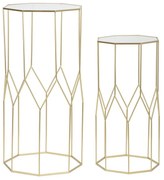 hatszögletű kisasztal készlet geometrikus vázzal és üveglappal – 2 db – aranyszínű