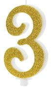PartyDeco születésnapi glitter gyertya, 3, arany, 10cm