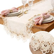 Futópad abrosz asztalra Ecru krémszínű padra Csipkével 40x140 cm gipiura