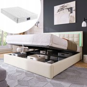 Dupla Led kárpitozott ágy 140x200CM Hidraulikus Fehér+Matrac