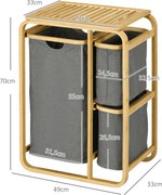 HOMCOM Bambusz Ruhás Kosár Tároló Kosár 3 Levehető és Csúsztatható Nem Szőtt Szövet Kosárral - 49L x 33W x 70H cm Szürke | Aosom
