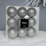 Ezüst glitteres műanyag karácsonyi gömb szett 8 cm 9 db