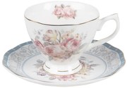 Kék rózsaszín rózsás porcelán teás csésze aljjal 220 ml