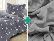 BIG MOON szürke világító mikroplüss ágynemű + SOFT világosszürke mikroplüss lepedő 90x200 cm