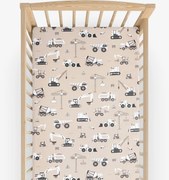 Goldea gyerek gumis pamut lepedő kiságyba - teherautók és markolók bézs alapon 60 x 120 cm