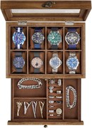 Óradoboz, ekszerdoboz üvegfedéllel, 27 x 13 x 20 cm, rusztikus dió